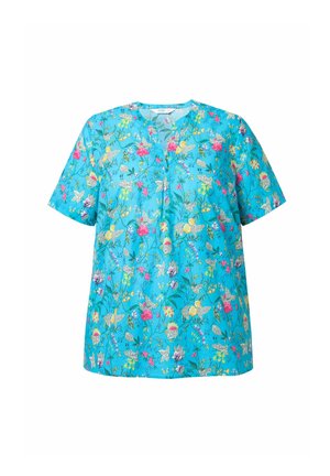 Kwiatowa koszula z krótkim rękawem w kolorze turkusowym z dekoltem w serek. Posiada kolorowy wzór różnych kwiatów i liści na gładkiej tkaninie.