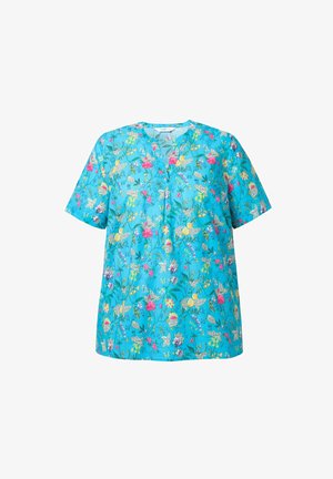 Kwiatowa koszula z krótkim rękawem w kolorze turkusowym z dekoltem w serek. Posiada kolorowy wzór różnych kwiatów i liści na gładkiej tkaninie.
