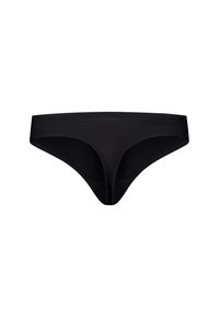 Parte inferiore di bikini nera, tessuto liscio, design a vita bassa, copertura minima, con finitura senza cuciture e aperture per le gambe curve.