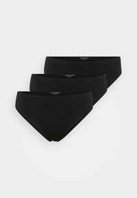 Pack of three black bikini briefs made from smooth, stretchy fabric. Each features a mid-rise waist and a logo detail on the waistband.