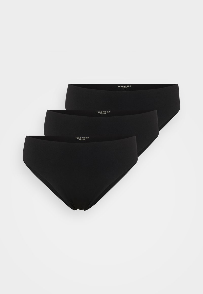 Pack of three black bikini briefs made from smooth, stretchy fabric. Each features a mid-rise waist and a logo detail on the waistband.