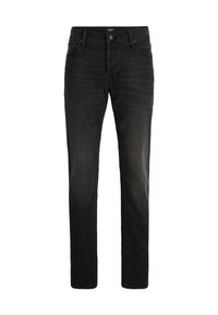 Jeans in denim nero con una vestibilità dritta, dotati di chiusura a bottone, cinque tasche e una finitura leggermente sbiadita per aggiungere texture.