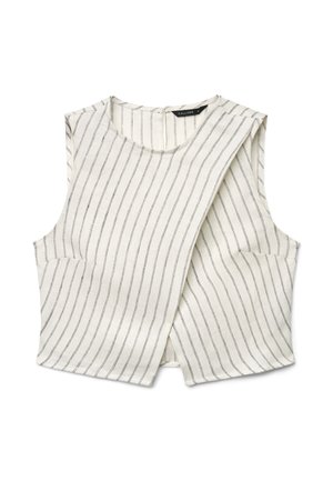 Ärmelloses weißes Croptop mit dünnen vertikalen schwarzen Streifen und asymmetrischem, überlappendem Frontdesign.