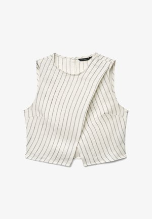 Haut court blanc sans manches avec de fines rayures noires verticales et un design asymétrique croisé à l'avant.