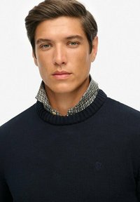 Pull en tricot bleu marine avec col côtes, superposé à une chemise à carreaux verte et blanche. Présente un petit logo sur la poitrine du pull.