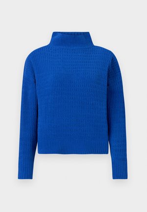 Blåstrikket genser med høy hals, med et teksturert, mønstret design og lange ermer; kortere passform med ribbestrikket kant.