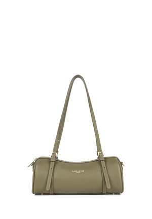 Petit sac à main en cuir vert olive avec doubles longues bandoulières et fermeture éclair dorée, logo Lancaster Paris centré sous la fermeture éclair.