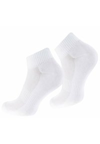 Weiße Knöchelsocken aus weichem, dehnbarem Material. Mit gerippten Bündchen und einem verstärkten Absatz für Langlebigkeit. Glatte Textur mit atmungsaktivem Mesh. 