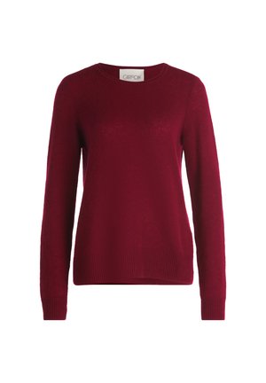 Bordeaux lange mouwen crewneck trui met geribde manchetten en zoom, weergegeven op een witte achtergrond.