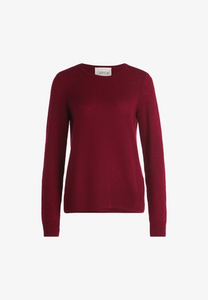 Langärmliger burgunderfarbener Rundhalsausschnitt-Pullover mit gerippten Bündchen und Saum, auf einem weißen Hintergrund präsentiert.