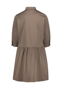Brown, knee-length dress with a collared neck, three-quarter sleeves, and a gathered waist. Made from smooth fabric. Back view shown.