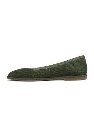 Ballerina verde oliva con motivo testurizzato simile alla pelle di rettile e suola sottile marrone chiaro.