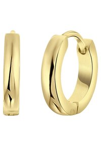 Boucles d'oreilles en forme de créole en ton or avec une finition lisse et polie. Forme ovale, courbure distincte et design de fermoir simple pour un port sécurisé.