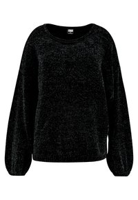 Maglione nero a maglia con vestibilità rilassata, scollatura ampia, maniche lunghe a palloncino e polsini a coste. Tessuto testurizzato con dettagli sottili.