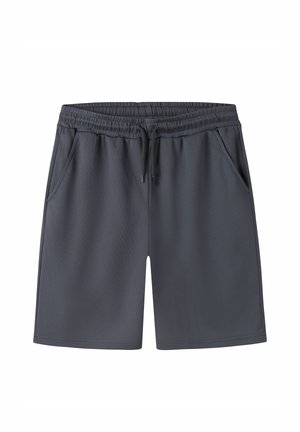Mørkegrå knælange shorts med elastisk taljebånd og snor, med sidelommer og en glat stoftekstur.