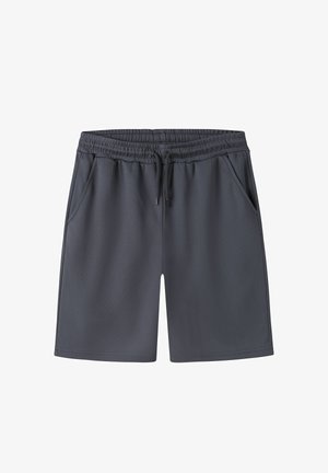 Mørkegrå knælange shorts med elastisk taljebånd og snor, med sidelommer og en glat stoftekstur.