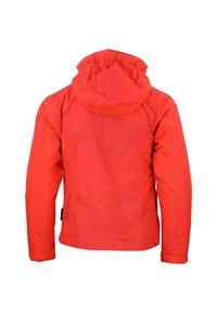 Giacca impermeabile rossa con cappuccio, maniche lunghe e una texture liscia e lucida. Dettagli neurologici sui lati. Design semplice.