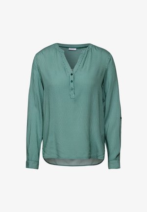 Green striped long-sleeve blouse with a notch neckline and three buttons. Features rolled cuffs and soft, lightweight fabric texture.