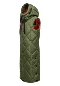 Vest puffer khaki cu glugă, cu quilt diamond, nasturi negri și interior roșu. Include buzunare laterale și logo-ul mărcii pe mânecă.