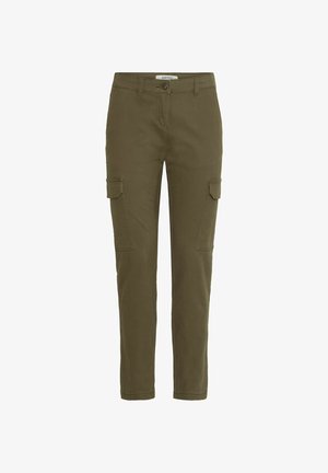 Olivnozeleni cargo hlače s ravnim krojem, narejene iz bombažne tkanine. Imajo dve stranski žep in gumbasto zapiranje v pasu.