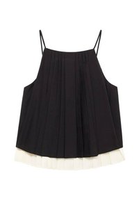 Top senza maniche nero con design plissettato, caratterizzato da un orlo a strati bianco in contrasto. Realizzato in tessuto morbido con spalline sottili regolabili.