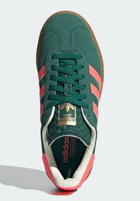 Vihreät mokkanahkaisneuleet, joissa on vaaleanpunaiset raidat, kumi- ja kumipohja, teksturoitu sisus ja kultainen logo kielekkeellä. Narulla suljettava malli, jossa on pehmustettu kaulus.