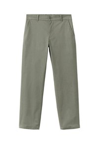 Gray-green pants made of cotton, featuring a straight-leg design, front pockets, and a button closure at the waist.