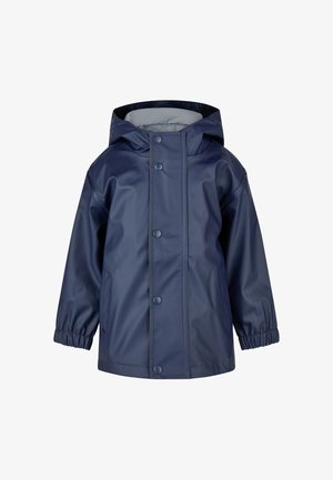Navyblauer wasserdichter Kinderregenmantel mit Kapuze, Druckknopfverschluss, elastischen Bündchen und zwei vorderen Taschen.