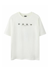 Biała bawełniana koszulka z krótkim rękawem, okrągłym dekoltem i tekstem z przodu "EASY STREETWEAR INDUSTRIES" w pogrubionej czarnej czcionce.