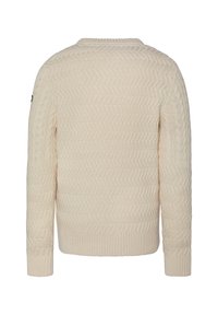 Sweter w kolorze kremowym, wykonany na drutach, z fakturowanym wzorem w zygzaki, ściągaczami przy mankietach i okrągłym dekoltem. Zaprojektowany w luźnym kroju.