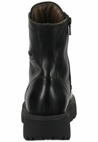 Black leather ankle boot with a smooth finish, round toe, side zipper, padded collar, and textured rubber sole with grooves.