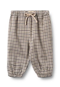 Spodenki bawełniane w kratę w kolorach beżowym i granatowym, z elastycznym pasem i sznurkiem oraz marszczonymi mankietami dla swobodnego kroju.