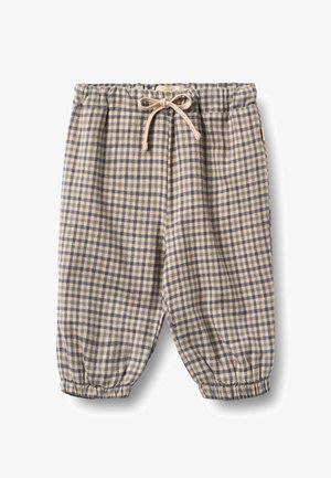 Pantaloncini in cotone a quadretti beige e blu navy, con vita elastica e coulisse, caratterizzati da polsini arricciati per una vestibilità comoda.