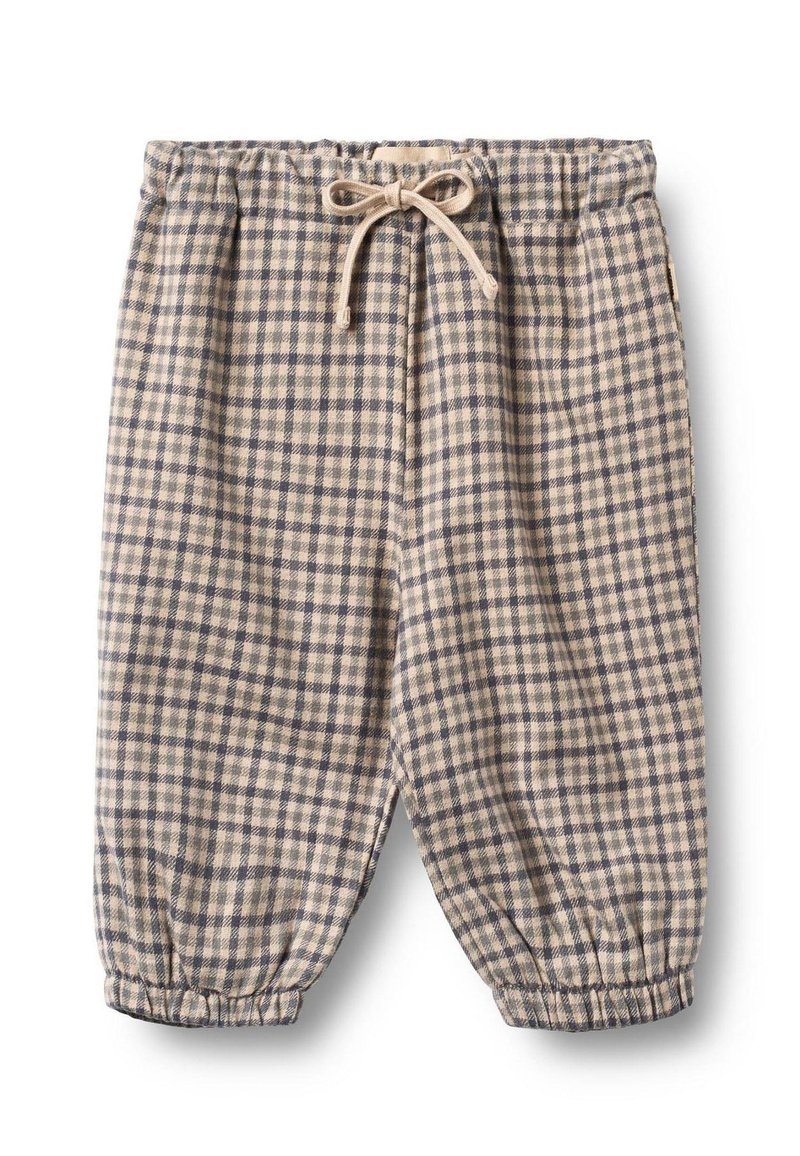 Spodenki bawełniane w kratę w kolorach beżowym i granatowym, z elastycznym pasem i sznurkiem oraz marszczonymi mankietami dla swobodnego kroju.