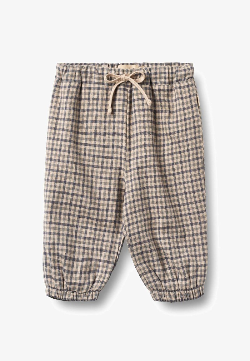 Spodenki bawełniane w kratę w kolorach beżowym i granatowym, z elastycznym pasem i sznurkiem oraz marszczonymi mankietami dla swobodnego kroju.