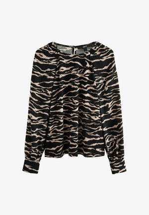Langærmet top i sort stof med et beige tigermønster. Blød tekstur med rund halsudskæring og sammenfoldede detaljer ved skuldrene.