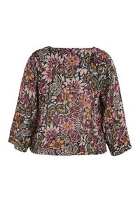 Blouse à motif floral avec encolure carrée, manches trois-quarts, et un mélange de rose, jaune et vert sur un fond sombre. Matière en coton.