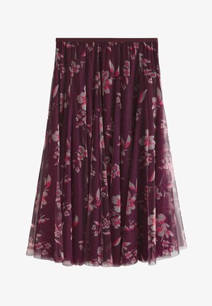 Floral midi skirt in dark purple, featuring a sheer fabric with pink and white floral patterns, gathered waist, and flowing silhouette.