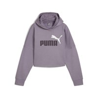 Sudadera corta morada hecha de una tela suave que presenta un gran logo negro de "PUMA" y un emblema de un gato saltando en blanco. Diseño con capucha y mangas largas.