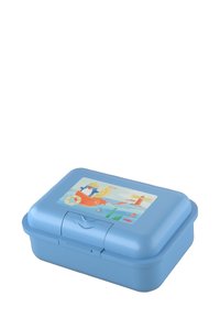 Blaues Kunststoff-Lunchbox mit abgerundeten Kanten, die auf dem Deckel eine bunte Meeresillustration zeigt, und einem geschwungenen Verschlussdesign.