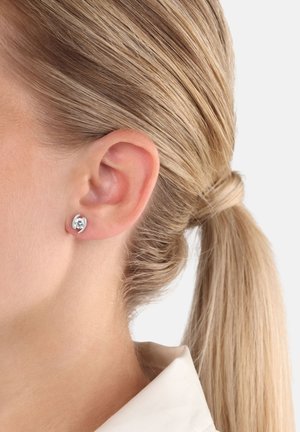 Orecchini a perno in argento con una pietra preziosa trasparente e rotonda. Il loro design semplice include un accento in metallo curvo attorno alla pietra.