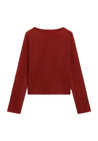 Pull rouge en maille avec une coupe ample, des manches larges et un col rond. Texture douce, longueur raccourcie et détails côtelés à l'ourlet.