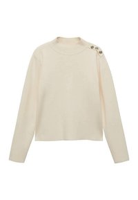 Cream-colored sweater with a high neck, long sleeves, a cropped cut, and three decorative metallic buttons on the left shoulder.