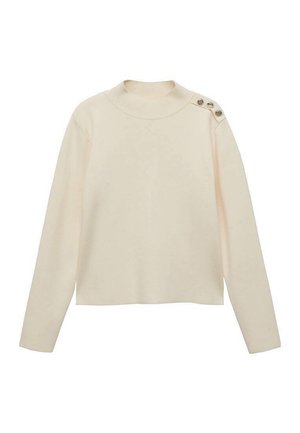 Cremefarbenes Sweatshirt mit hohem Kragen, langen Ärmeln, cropped Schnitt und drei dekorativen metallischen Knöpfen an der linken Schulter.