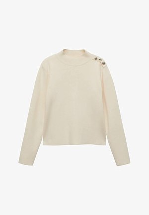 Pulover de culoare crem, cu gât înalt, mâneci lungi, croi scurt și trei butoane metalice decorative pe umărul stâng.