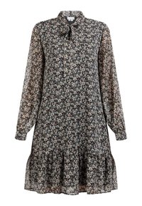 Rochie cu model floral, cu mâneci lungi, de culoare neagră, având un decolteu cu nasturi, dintr-un material moale și cu un tiv pliat pentru un plus de volum.