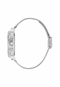 Metāla pulkstenis ar taisnstūra sudraba korpusu un struktūru uz skrūves. Siksna ir elastīga sieta stila, sudraba krāsā, ar sprādzes aizdari.