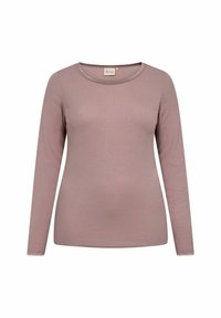 Hosszú ujjú, kerek nyakú ing poros rózsaszín színben, bordás anyagból, sima textúrával és testhezálló fazonnal.