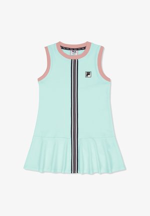Vestido sin mangas de color azul claro con ribete rosa, franja vertical negra y rosa en el centro, dobladillo con volantes y pequeño logo de Fila en el pecho.