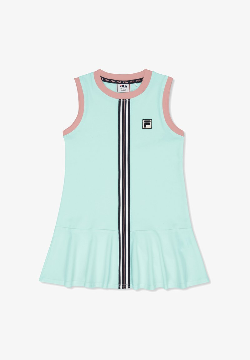 Vestito azzurro senza maniche con rifiniture rosa, una striscia verticale nera e rosa al centro, orlo arricciato e piccolo logo Fila sul petto.
